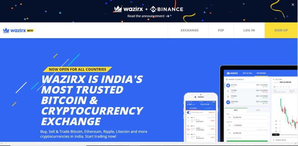 WazirX Homepage to trade crytpcurrencies India