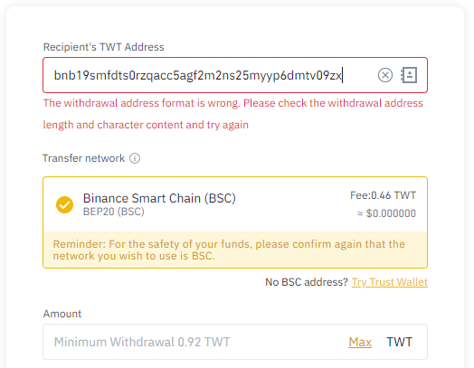 TWT withdraw binance address format is wrong how to Withdraw TrustWallet (TWT) token