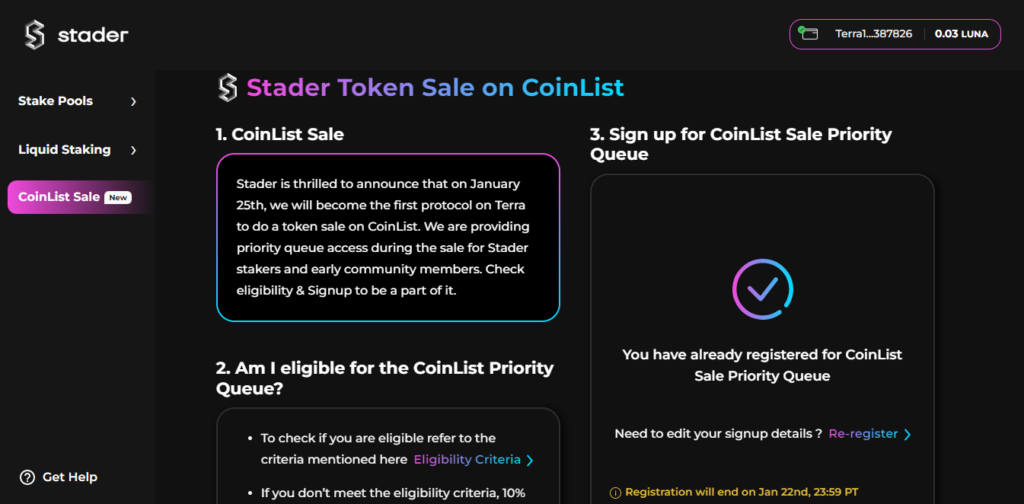 Coinlist Stader token priority queue