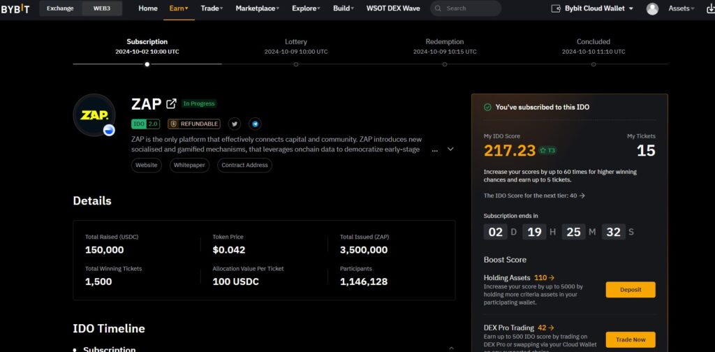 Bybit Web3 IDO Zap token sale IDO Score